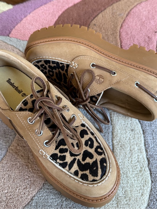 Timberland Shoes - Timberland Tan Suede Boat Shoes with Leopard Print Vamp size 7